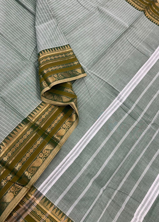 Kanchi soft cotton x chettinad style | greenish grey x kattam | zari border