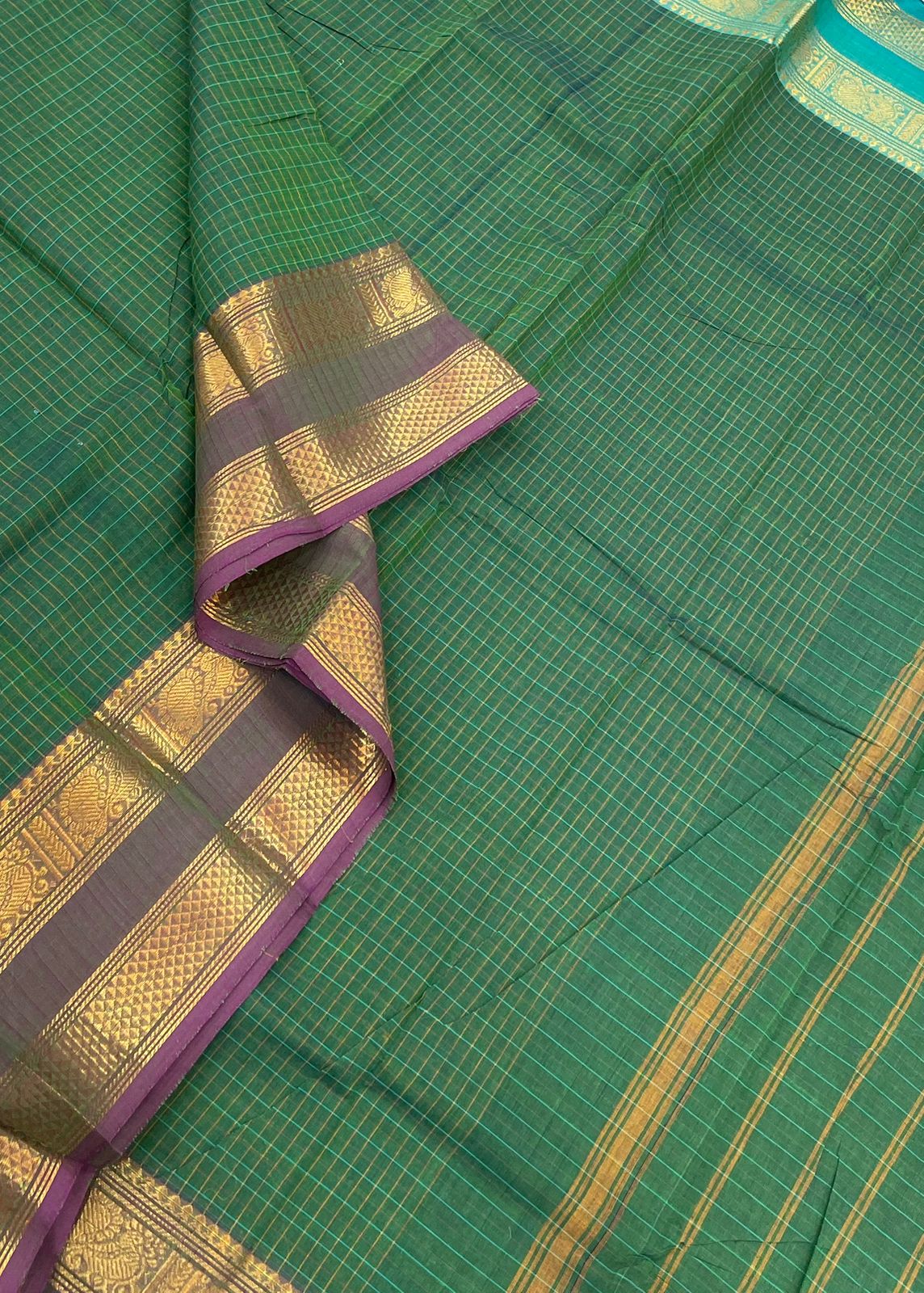 Kanchi soft cotton |rich rettaipet zari border x ganga jamuna | green x violet