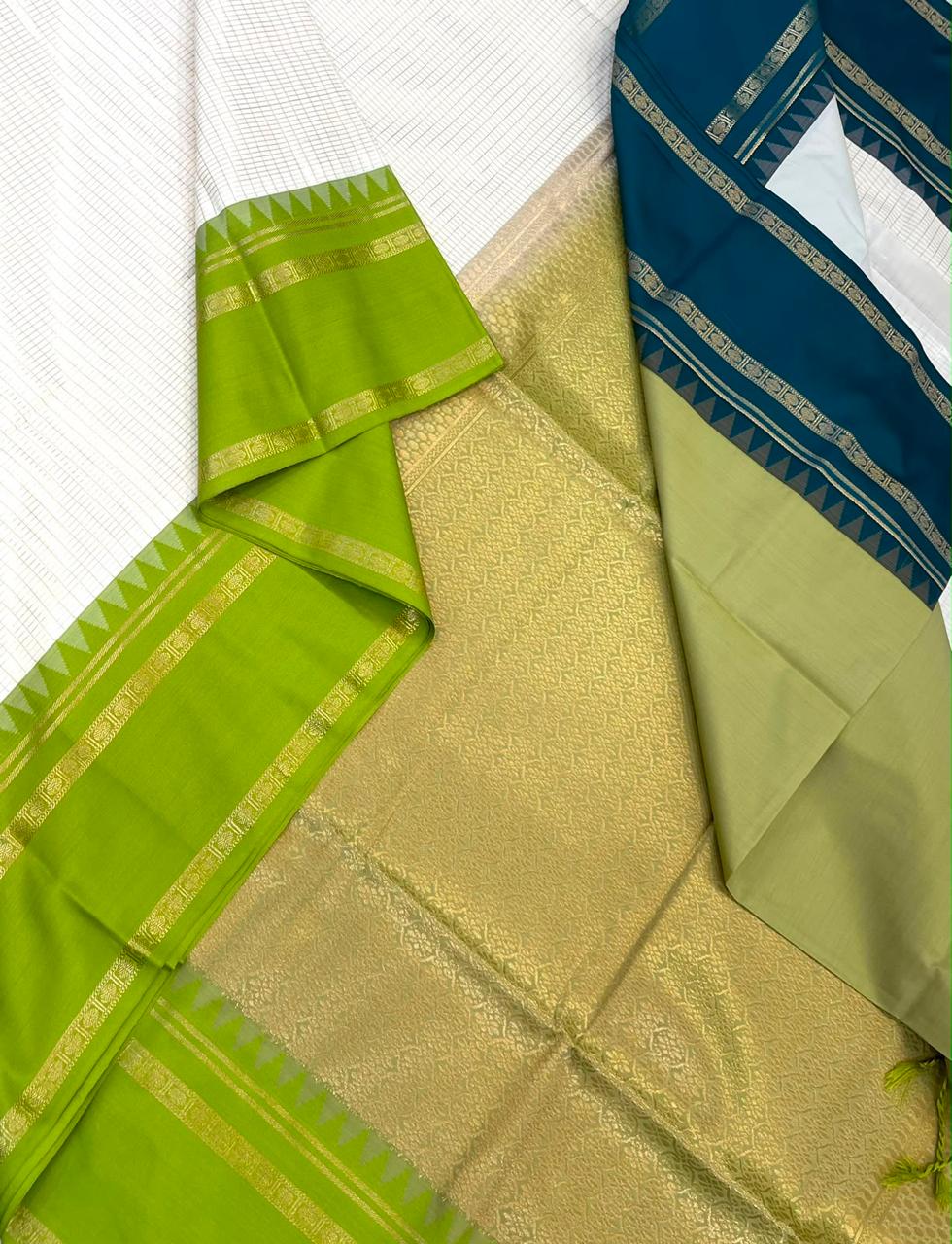 Vegan Silk Sarees Online | kattam butta x rettaipet border x ganga Jamuna | cream x green