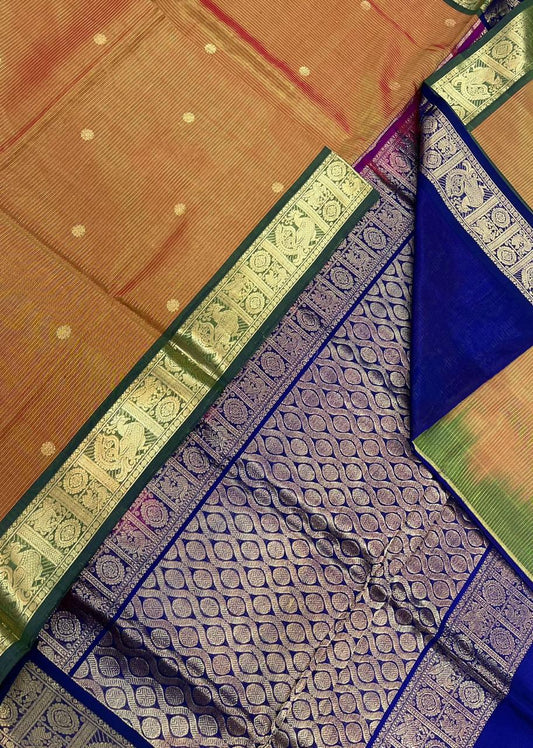 Kanchi Silk Cotton Sarees | vairaoosi X rich pallu| pastel orange x royal blue