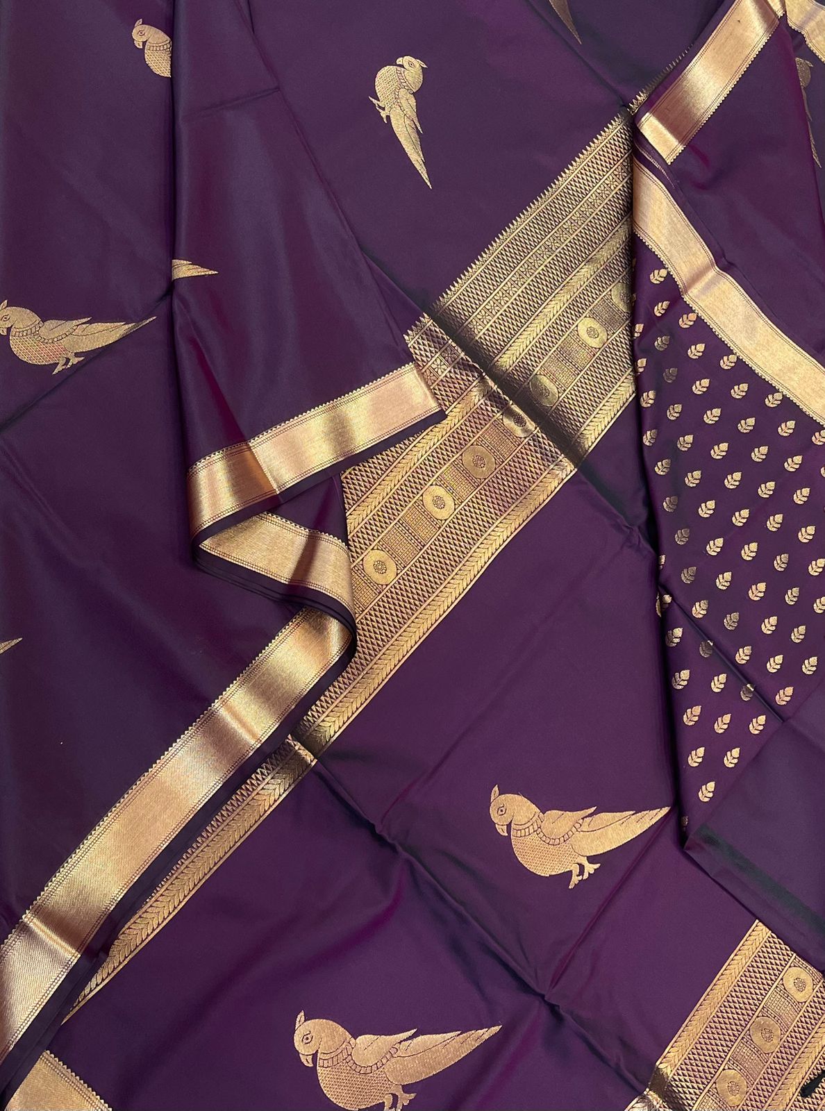 Vegan Silk Sarees Online | beatle nut color brown X gold | killi motif