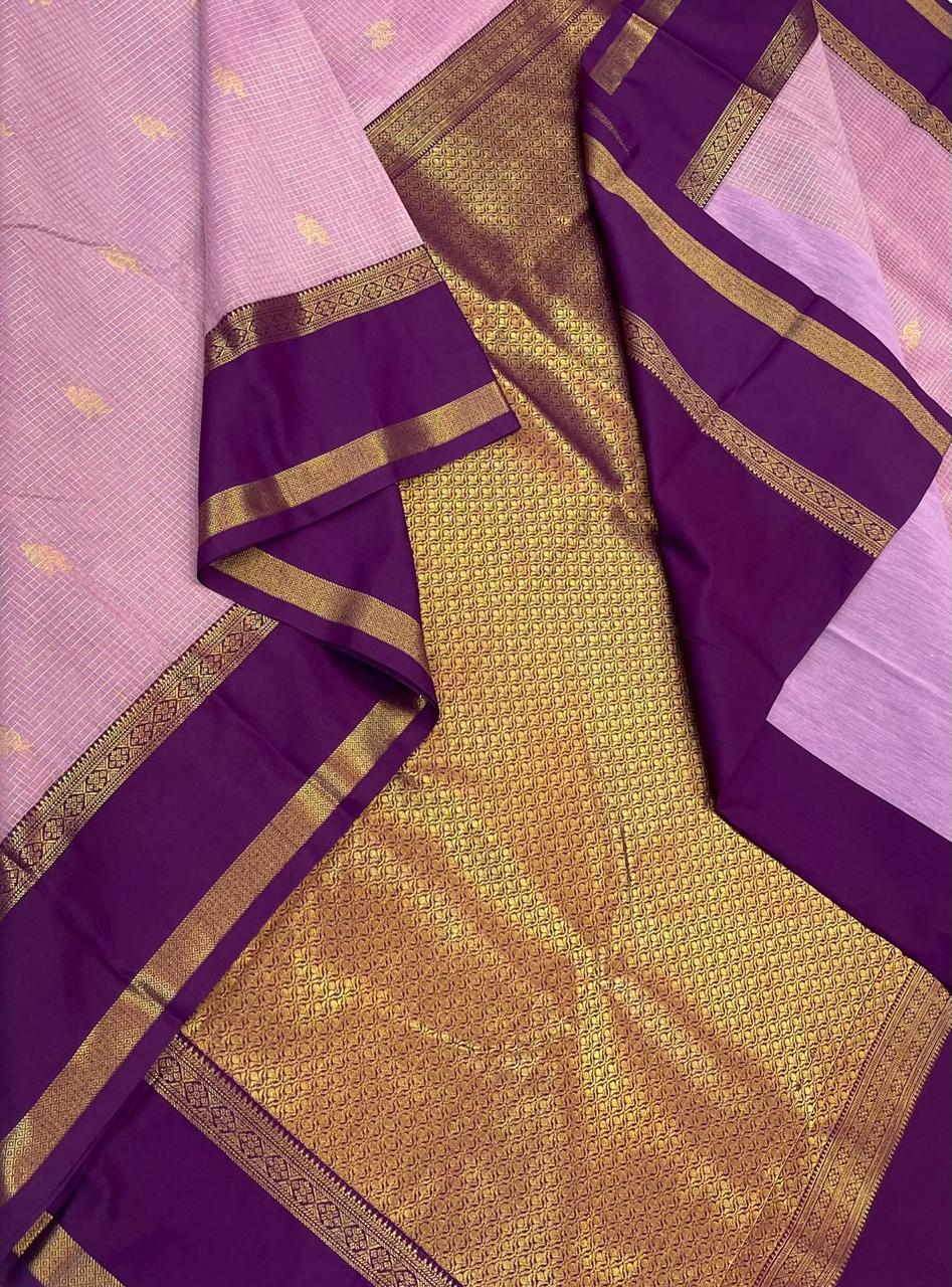 Semi Silk soft Cotton Sarees | korvai Rettaipet border X muthu kattam |  pastel pink🪻 x dark violet NKV11