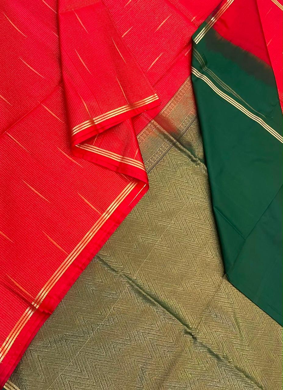 Vegan Silk Sarees Online | podi kattam butta x tiny border | orange x green