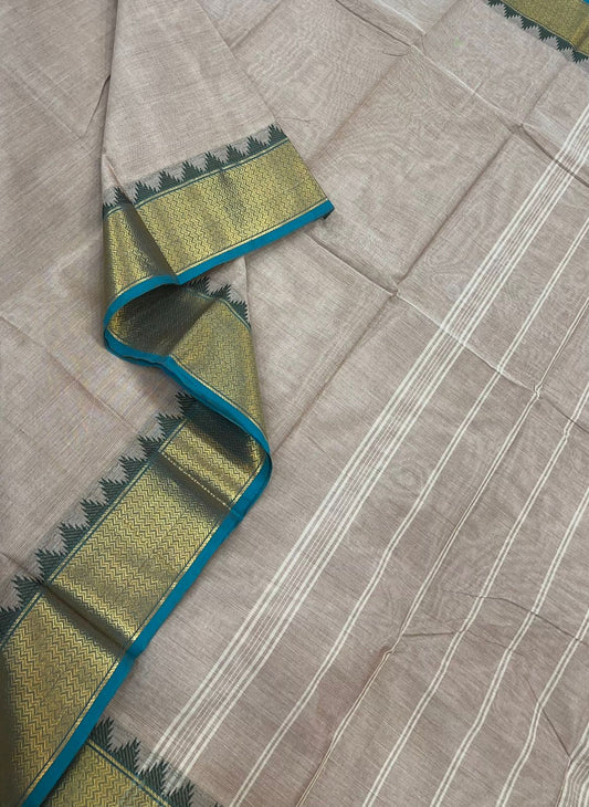 Kanchi soft cotton | cream x teal  | zari border
