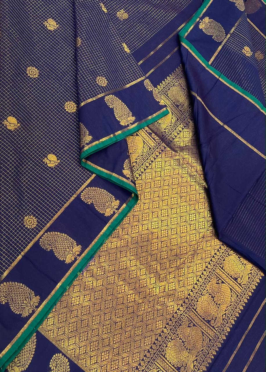 Semi Silk soft Cotton Sarees | mango  border X  muthukattam x mayil chakram | navy blue x green | NKV11