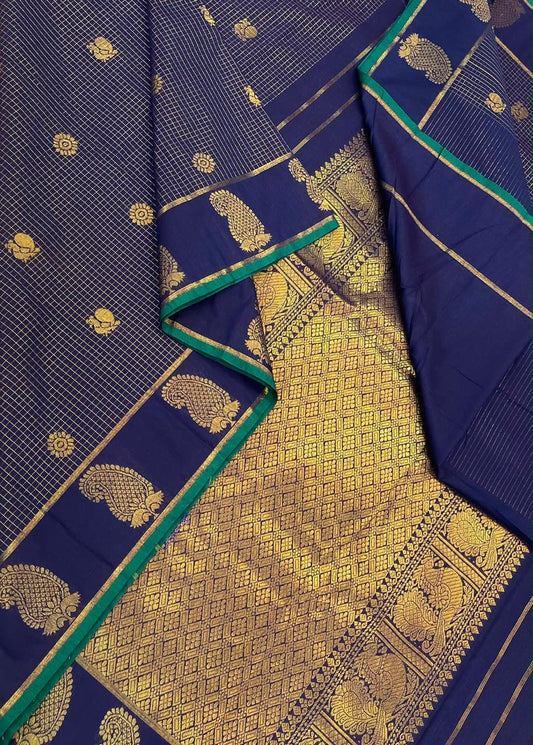 Semi Silk soft Cotton Sarees | mango  border X  muthukattam x mayil chakram | navy blue x green | NKV11
