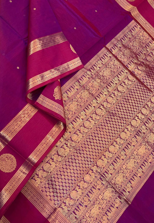 Kanchi Silk Cotton Sarees | tiny coin motif X mayil rettaipet border | majenta pink X hot pink