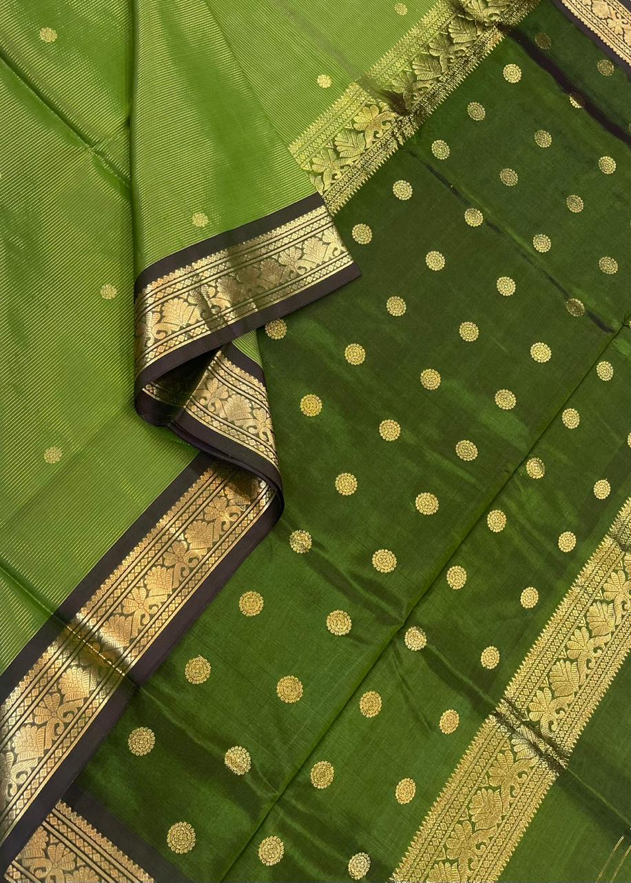 Kanchi Silk Cotton Sarees | luxury silk cotton | vairaoosi x kamalam butta x small border  | parrot green x brown NKV37