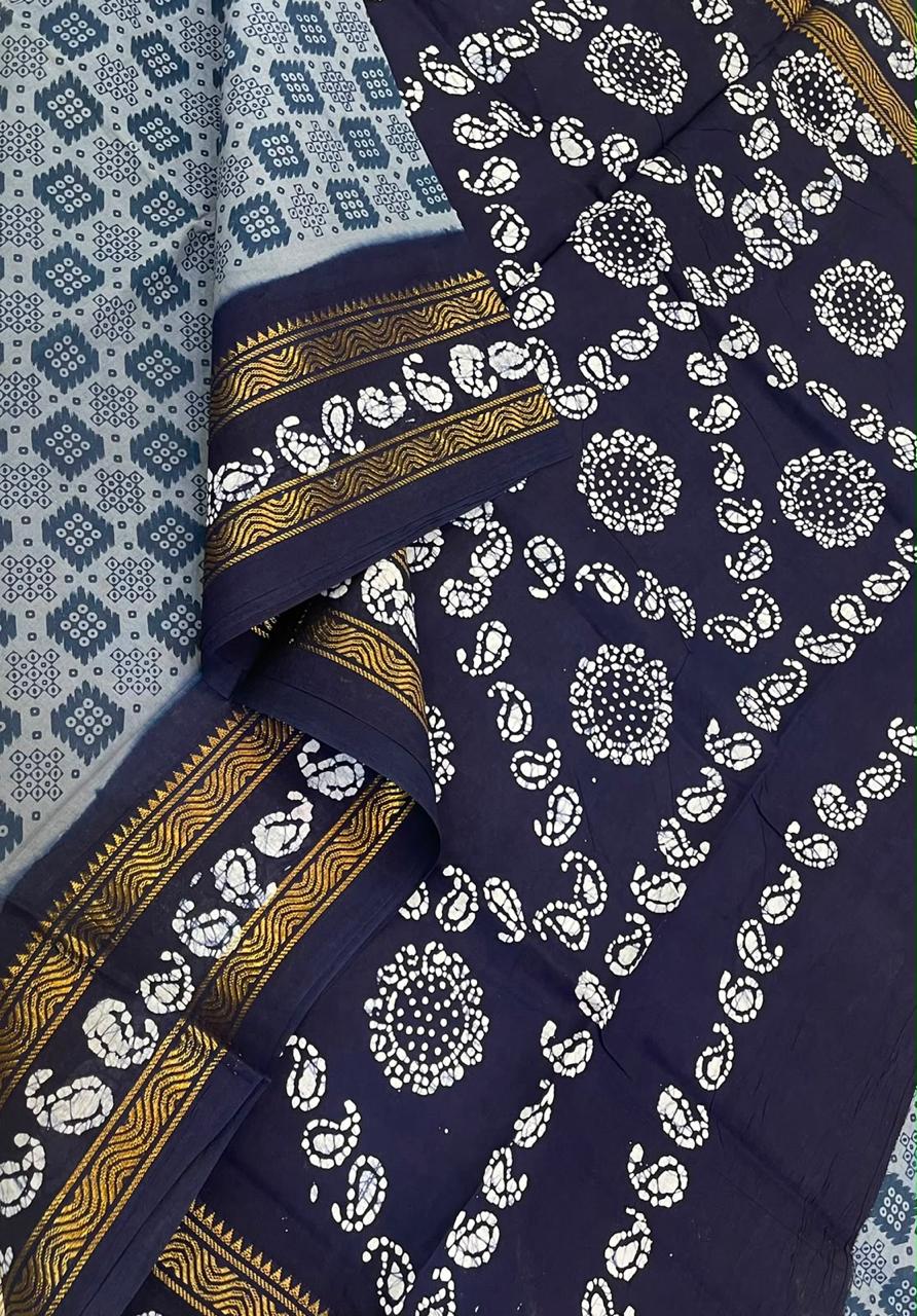 Madurai Sungudi soft cotton | cement blue x navy blue | rettaipet Zari border