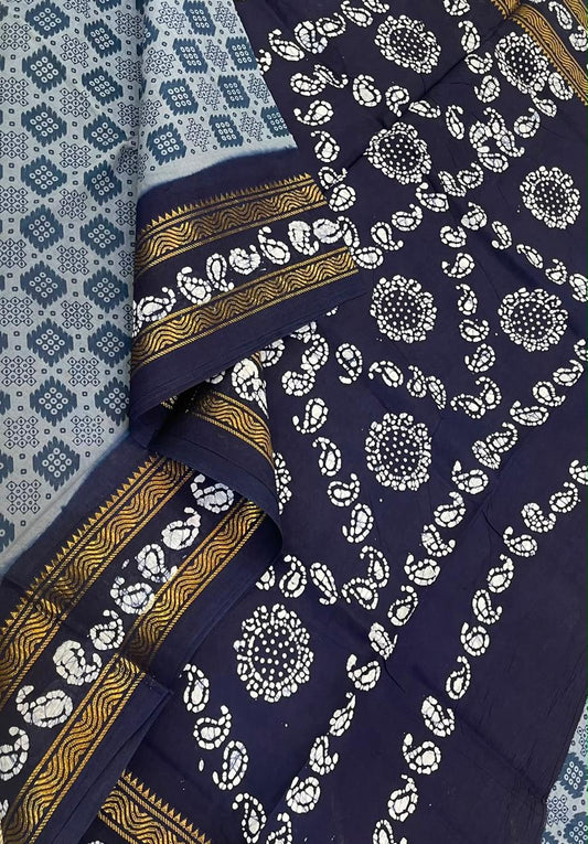 Madurai Sungudi soft cotton | cement blue x navy blue | rettaipet Zari border