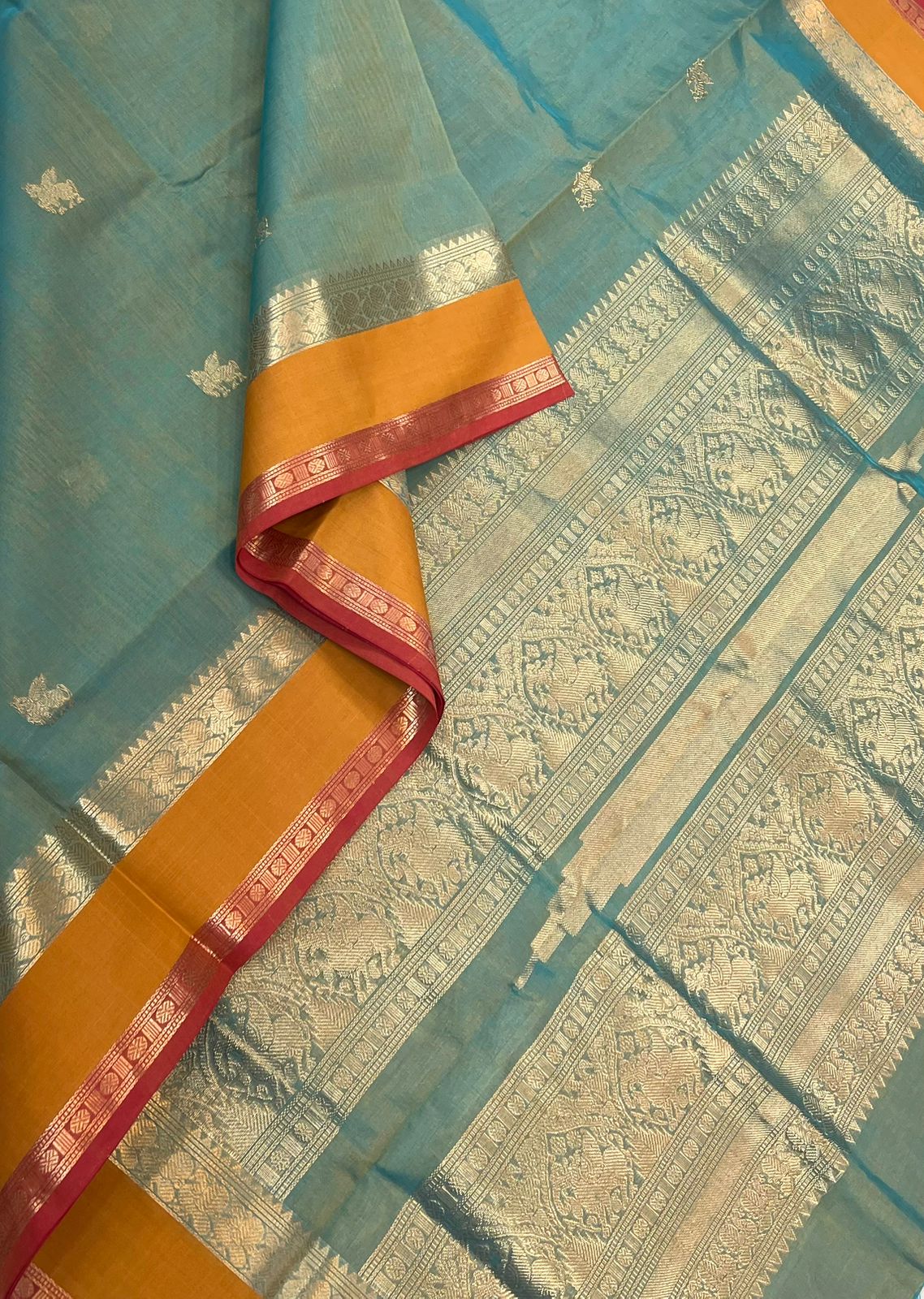Kanchi Silk Cotton Sarees | triple border X unicorn motif teal green X mustard
