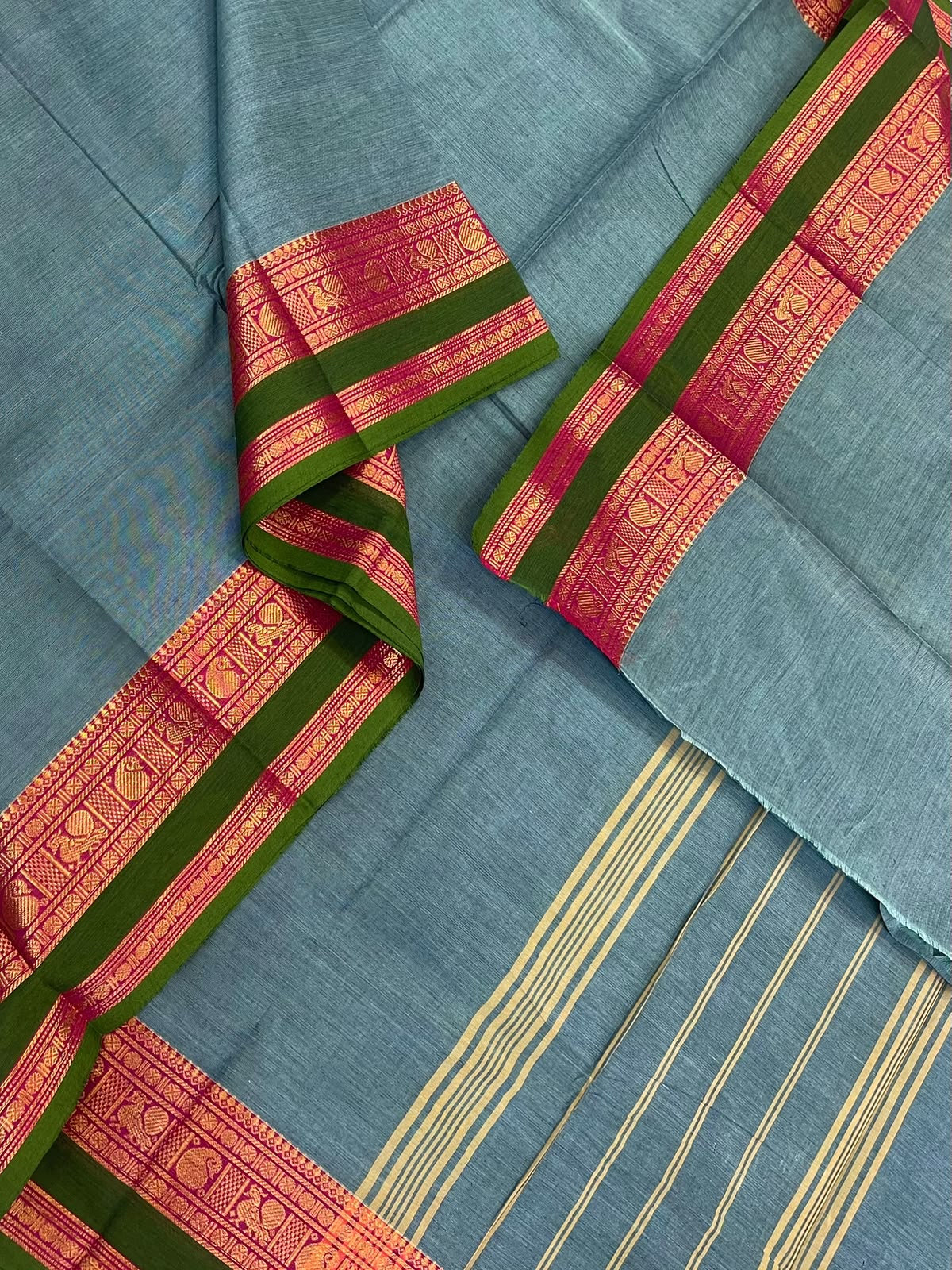 Kanchi soft cotton | pastel blue x pink x green | manga mayil Zari border
