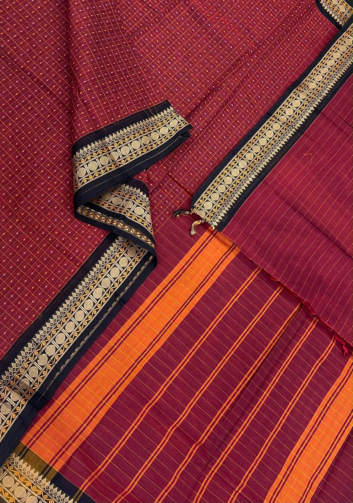 Kanchi mercerised soft cotton | marron x black | thread  border x 1000 butta