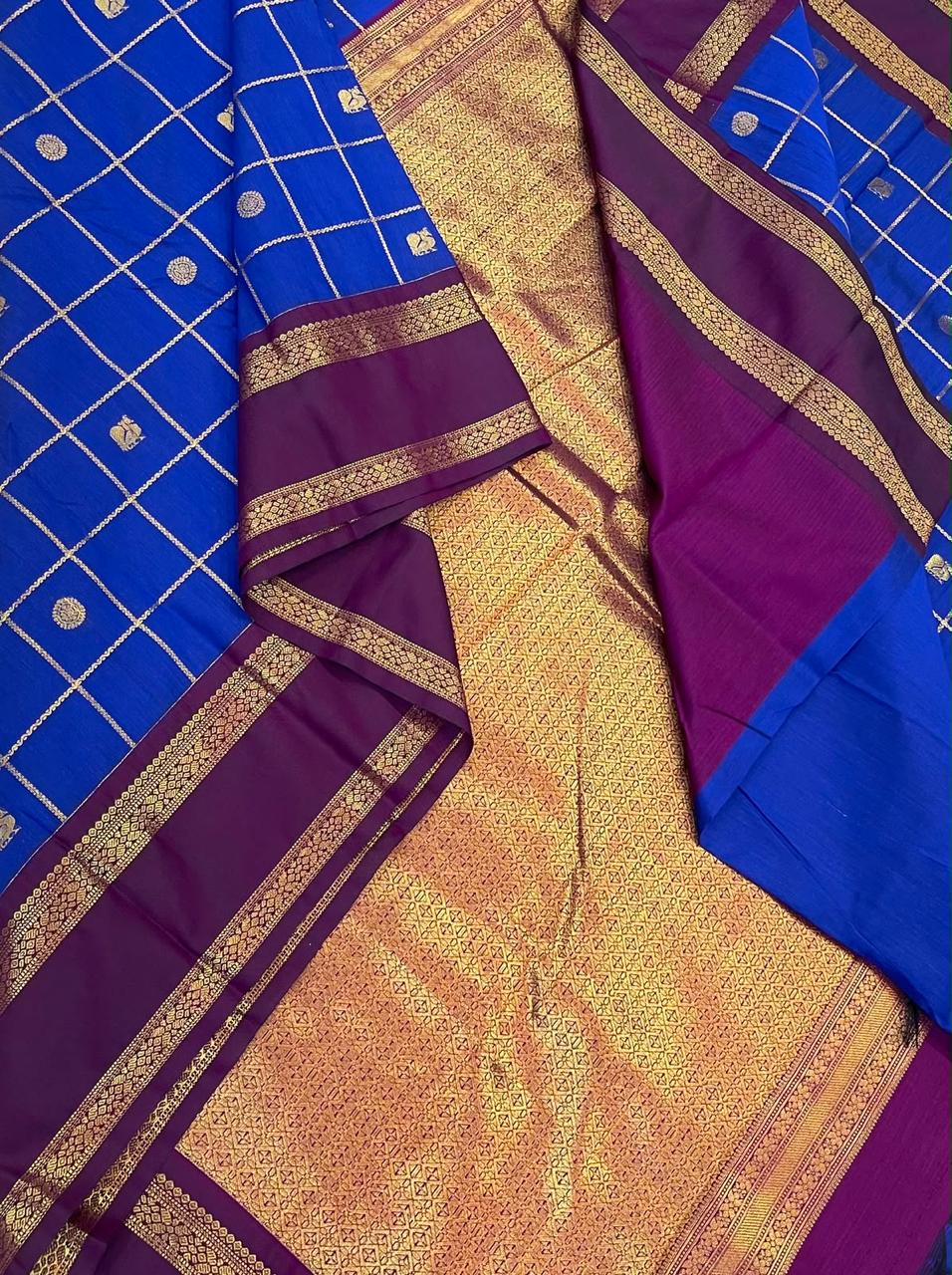 Semi Silk soft Cotton Sarees | korvai Rettaipet border X mayil chakram kattam | royal blue x jamun | NKV11