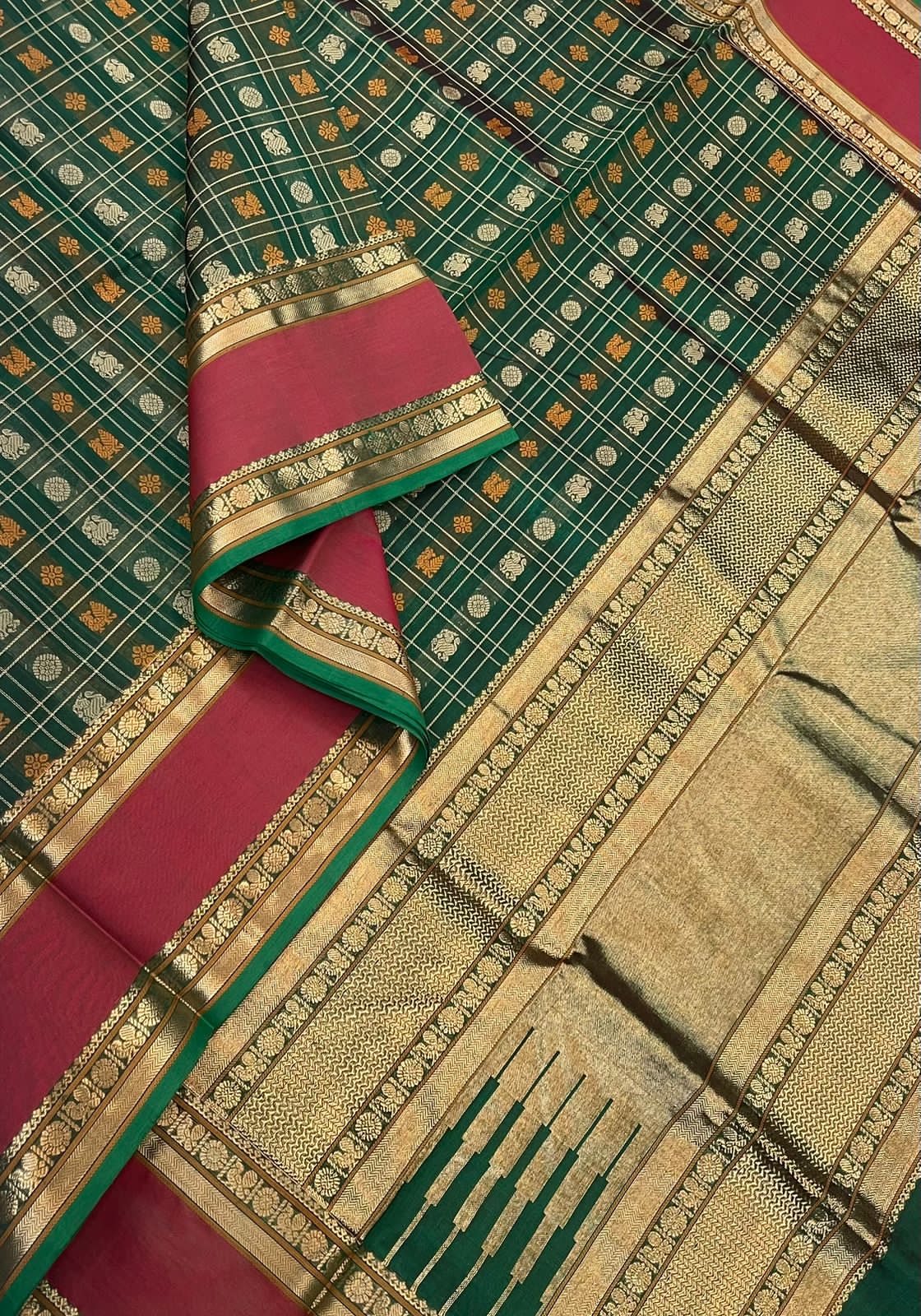 Kanchi Silk Cotton Sarees | 1000 butta x rettaipet zari border x 4 different motif | green X brick X gold