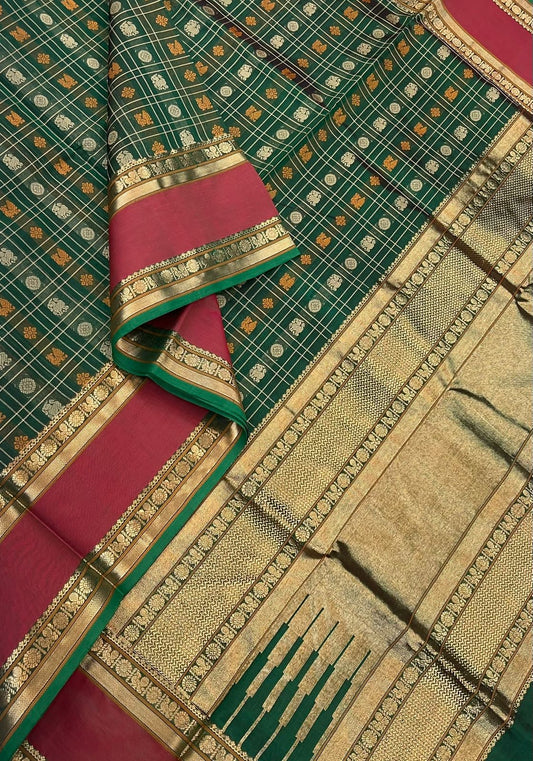 Kanchi Silk Cotton Sarees | 1000 butta x rettaipet zari border x 4 different motif | green X brick X gold