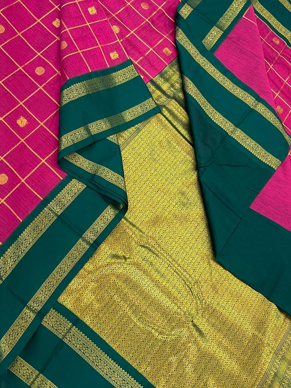 Semi Silk soft Cotton Sarees | korvai Rettaipet border X mayil chakram kattam | dark pink x green | NKV11