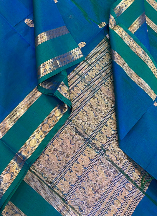 Kanchi Silk Cotton Sarees | eruthalapakshi motif x peacock shade