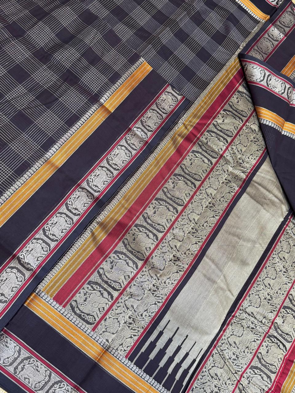 Pure Handloom Kanchi rich Cotton Saree | rich thread border x 2x2 kattam| black x mustard x red