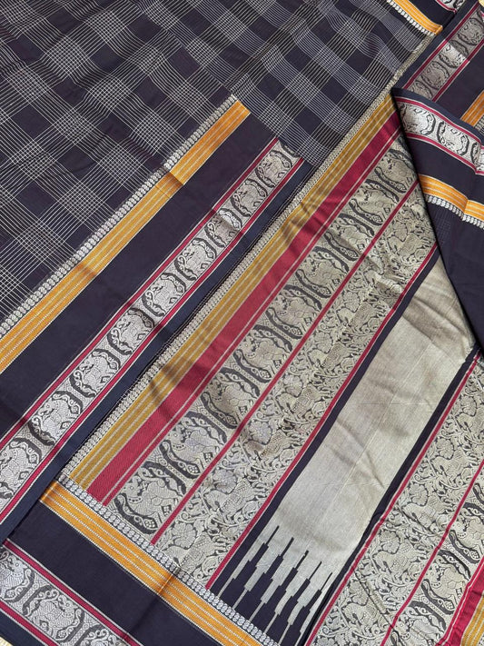 Pure Handloom Kanchi rich Cotton Saree | rich thread border x 2x2 kattam| black x mustard x red