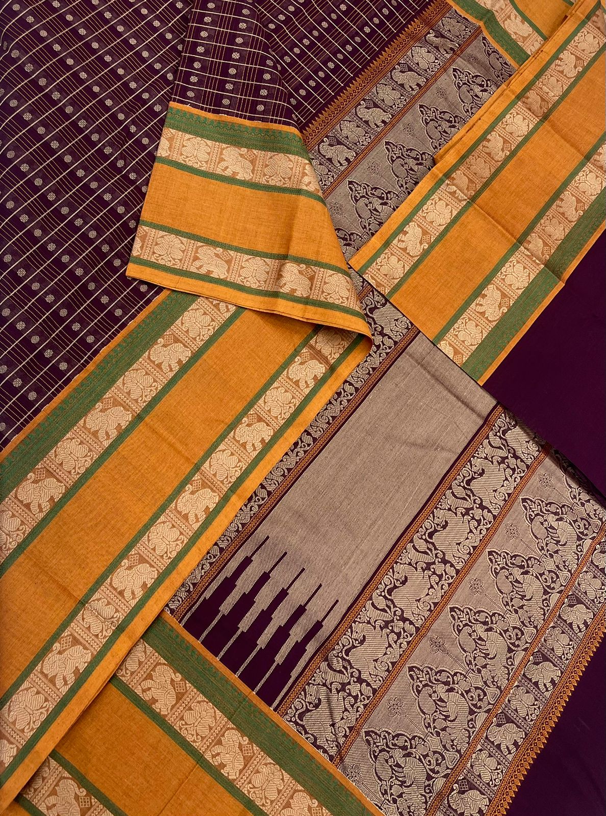 Kanchi handloom rich cotton | only thread 1000 butta x  rettaipet elephant thread  border | dark brown x manjal