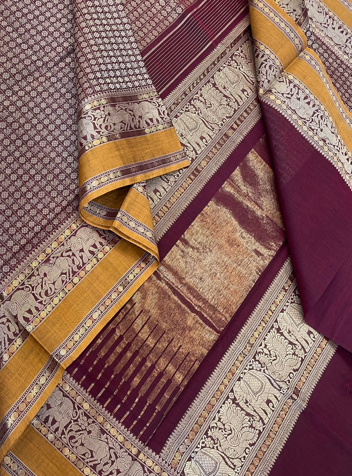 Pure Handloom Kanchi rich Cotton Saree | marron X mustard  | thread woven  border x 20k butta