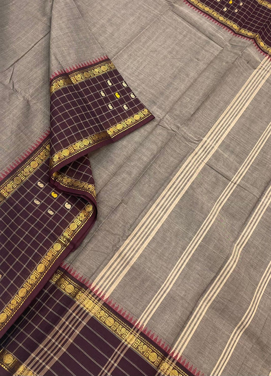 Kanchi soft cotton |rich rettaipet kattam zari border | grey x wine