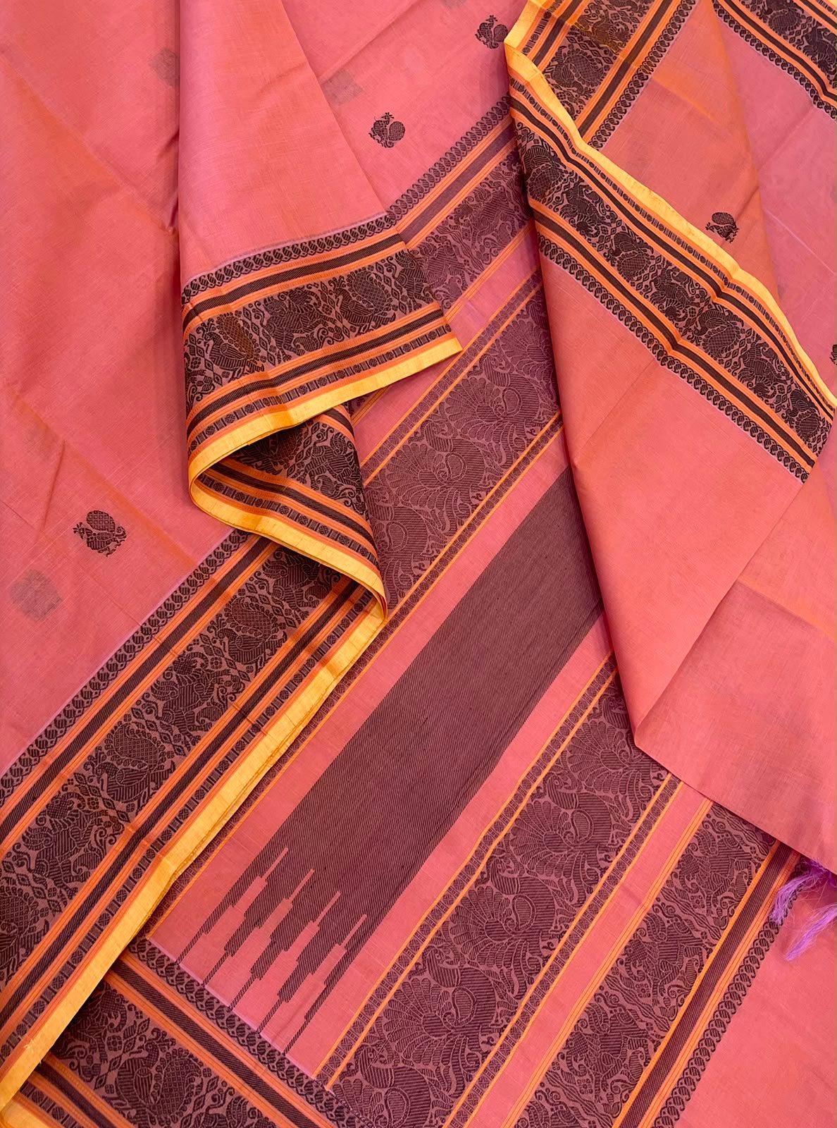 Pure Handloom Kanchi rich Cotton Saree | pinkish orange X yellow| thread handwoven pallu x small border