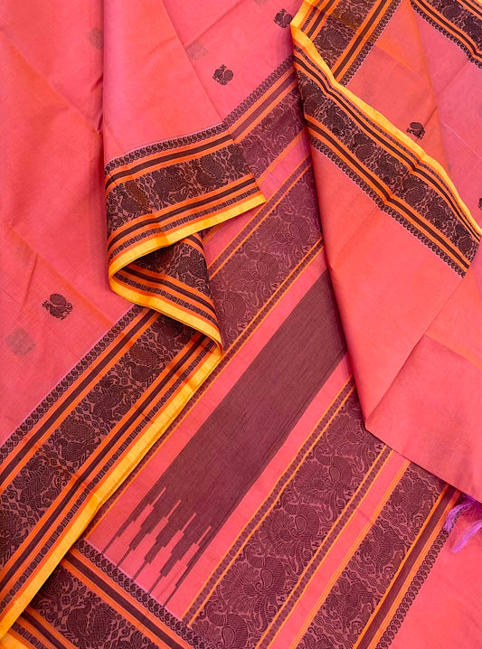 Pure Handloom Kanchi rich Cotton Saree | pinkish orange X yellow| thread handwoven pallu x small border