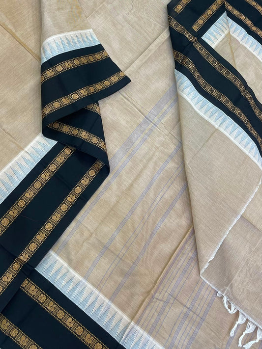 Pure Handloom Kanchi rich Cotton Saree | cream X black  | thread Korvai  border