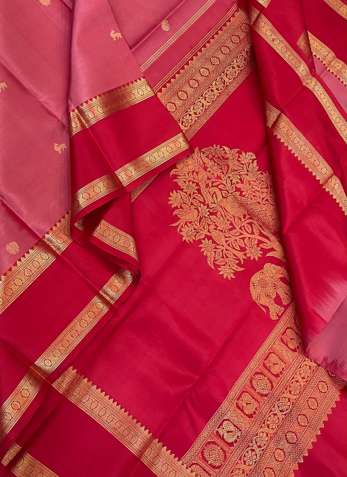 Pure Kanjivarams | light pink 🩷 x red ♥️ | life of tree pallu