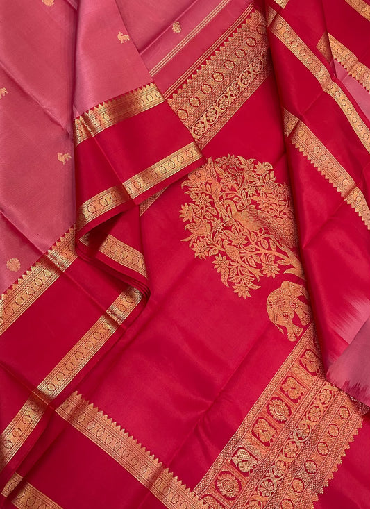 Pure Kanjivarams | light pink 🩷 x red ♥️ | life of tree pallu