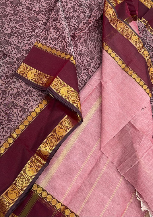 Kanchi soft cotton | pastel pink x dark pink | zari border X vanasingaram