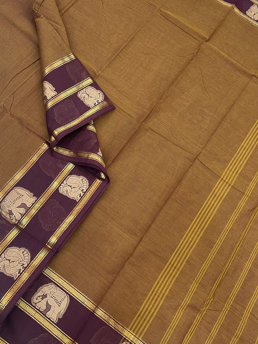 Kanchi soft cotton |yaanai mayil butta x Zari rettaipet border | mustard x brown