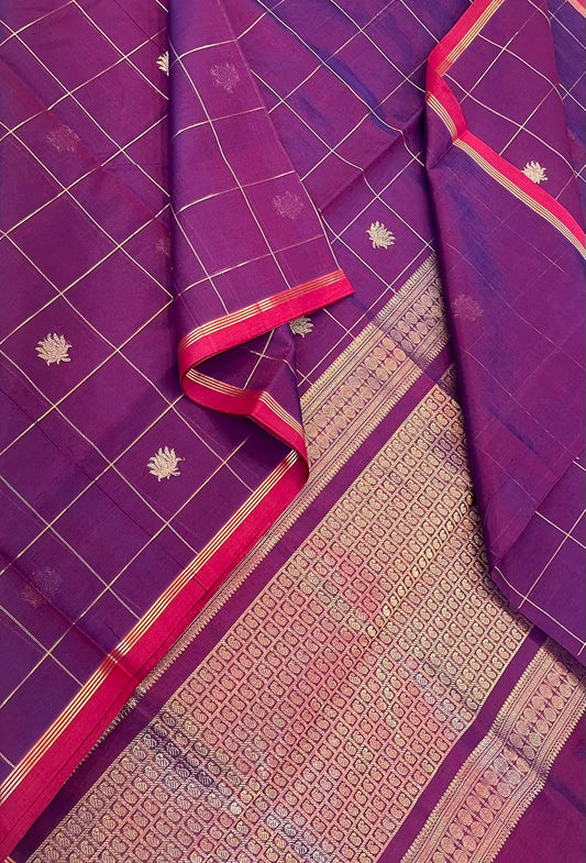 Kanchi Silk Cotton Sarees | luxury silk cotton | lotus x kattam motif x tiny border | burgundy x red