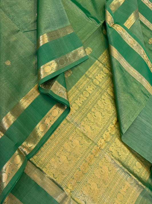 Kanchi Silk Cotton Sarees | luxury silk cotton | lotus x eruthalapakshi motif x rettaipet zari border | pastel green