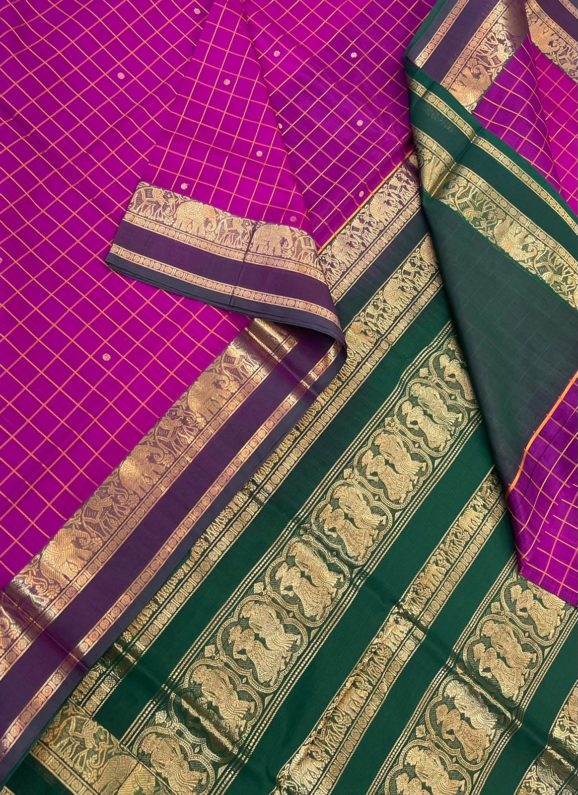 Kanchi Silk Cotton Sarees | thread kattam x zari border | Rani pink X green