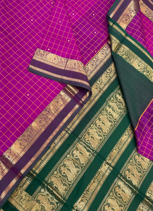 Kanchi Silk Cotton Sarees | thread kattam x zari border | Rani pink X green