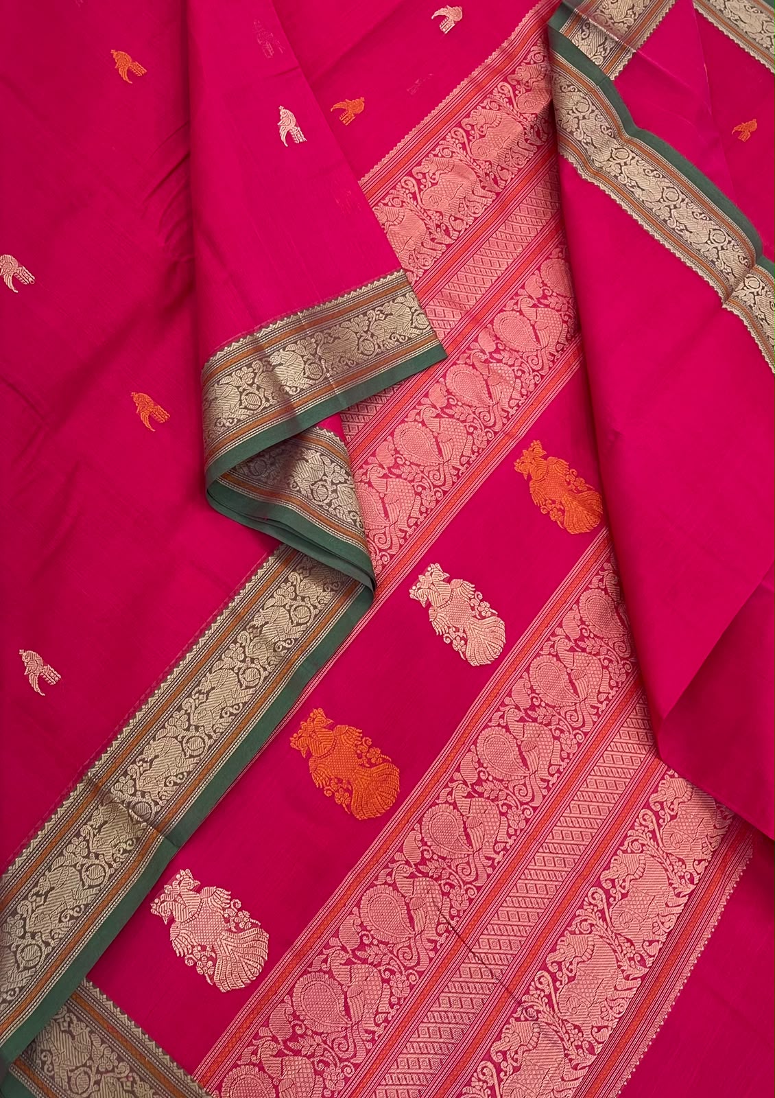 Pure Handloom Kanchi rich Cotton Saree | pink X green  | thread woven  border x killi x eruthalapakahi motif