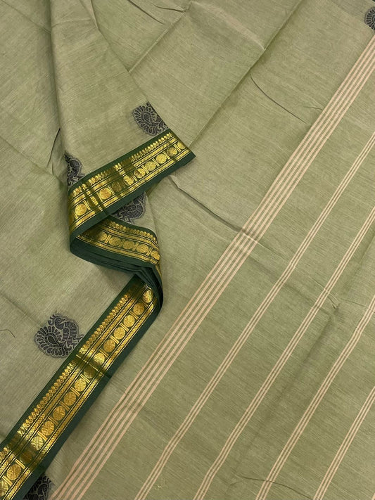 Kanchi soft cotton |mayil thread butta x tiny zari border | pastel beige green x dark green