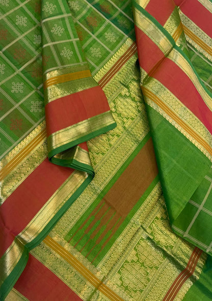 Kanchi Silk Cotton Sarees | 1000 kolam butta  X rich zari pallu X zari rettaipet border | parrot green X 🧡 orange