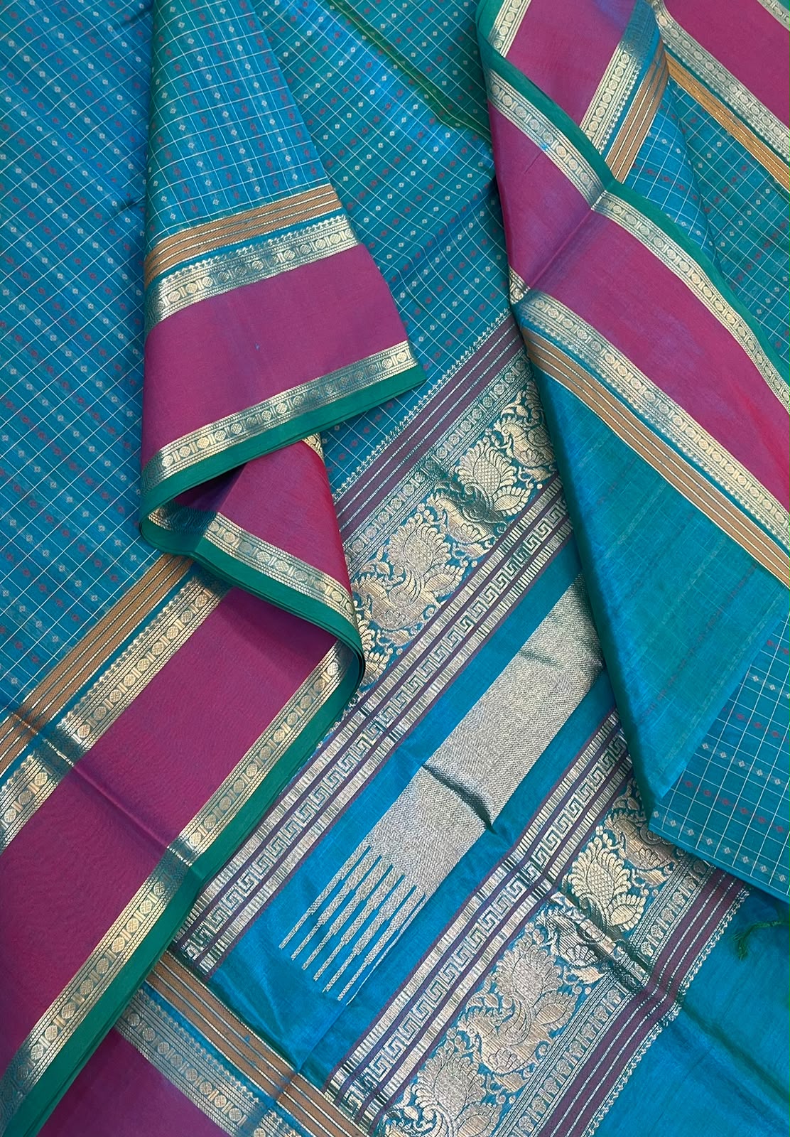 Kanchi Silk Cotton Sarees | 1000 kolam butta  X rich zari pallu X zari rettaipet border | sky blue X pink