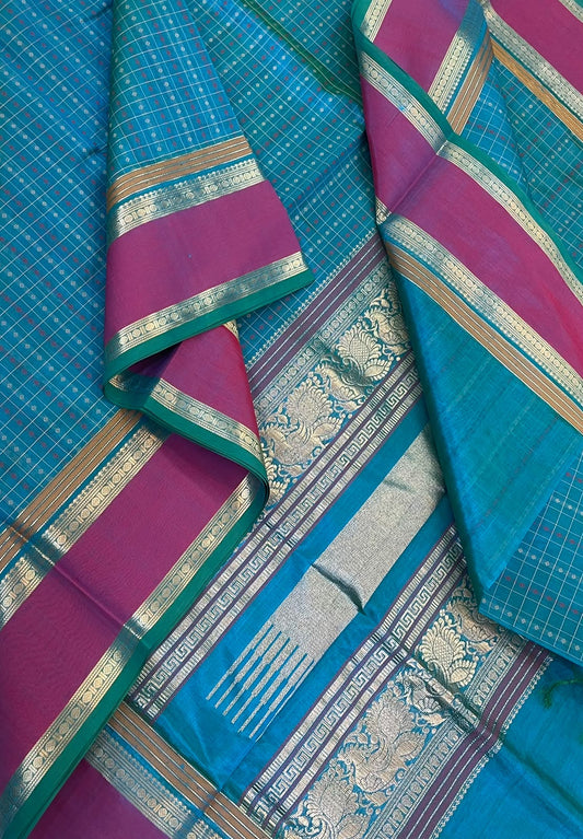 Kanchi Silk Cotton Sarees | 1000 kolam butta  X rich zari pallu X zari rettaipet border | sky blue X pink