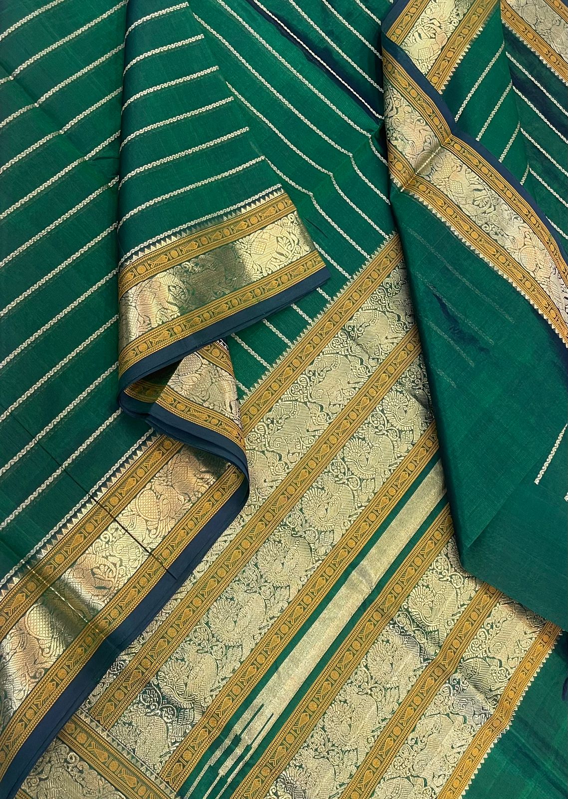 Kanchi Silk Cotton Sarees | neli zari veldhari X rich pallu | green x gold