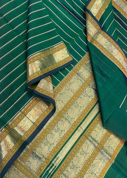 Kanchi Silk Cotton Sarees | neli zari veldhari X rich pallu | green x gold