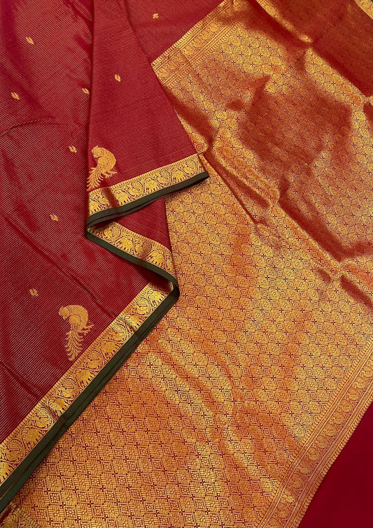 Semi Silk soft Cotton Sarees | vairaoosi X parrot x tiny zari border | red X green X gold | NKV11