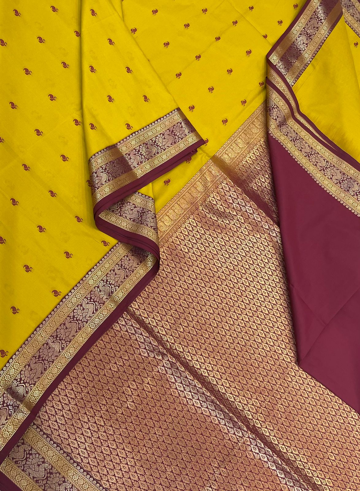 Vegan Silk Sarees Online | meena motif X rich zari border  | yellow x aaraku