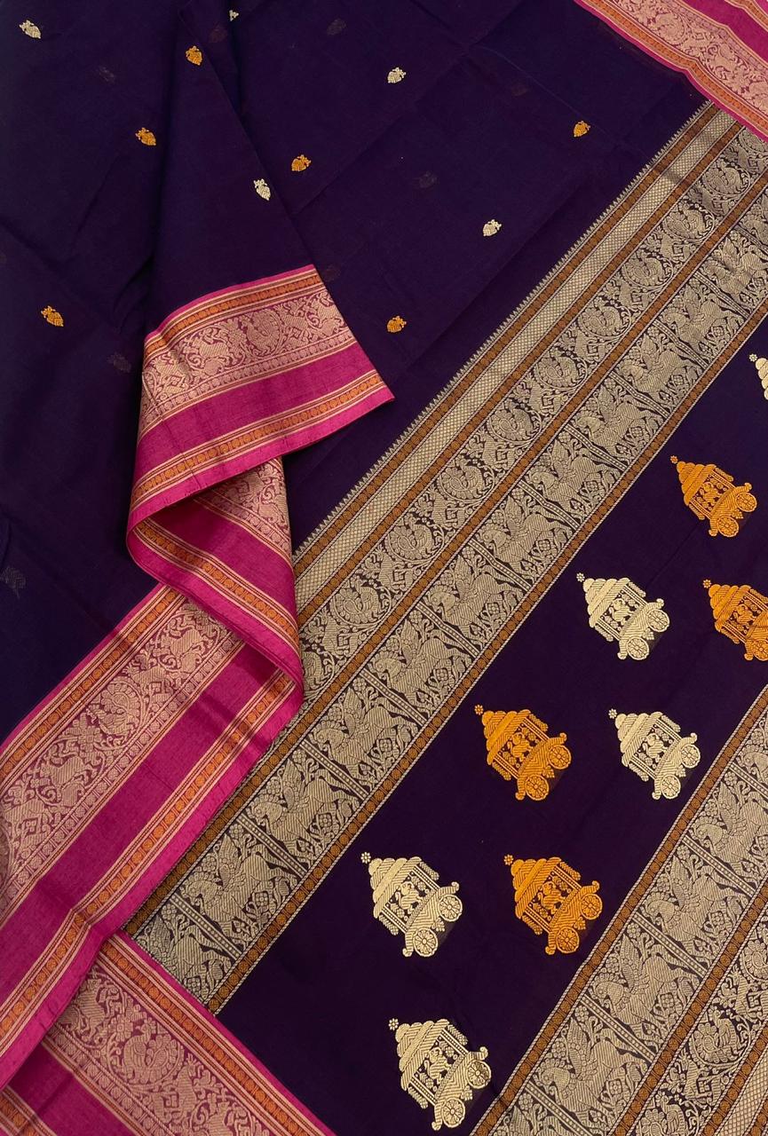 Pure Handloom Kanchi rich Cotton Saree | rich thread border x tiny motif |  navy blue x pink