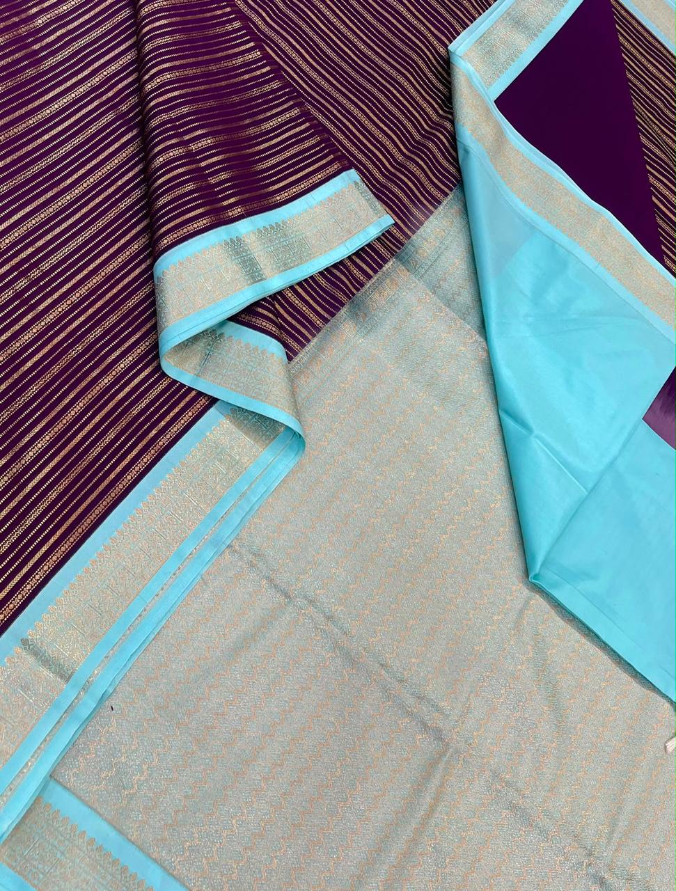 Vegan Silk Sarees Online | varisaipet butta x small border | jamun x sky blue