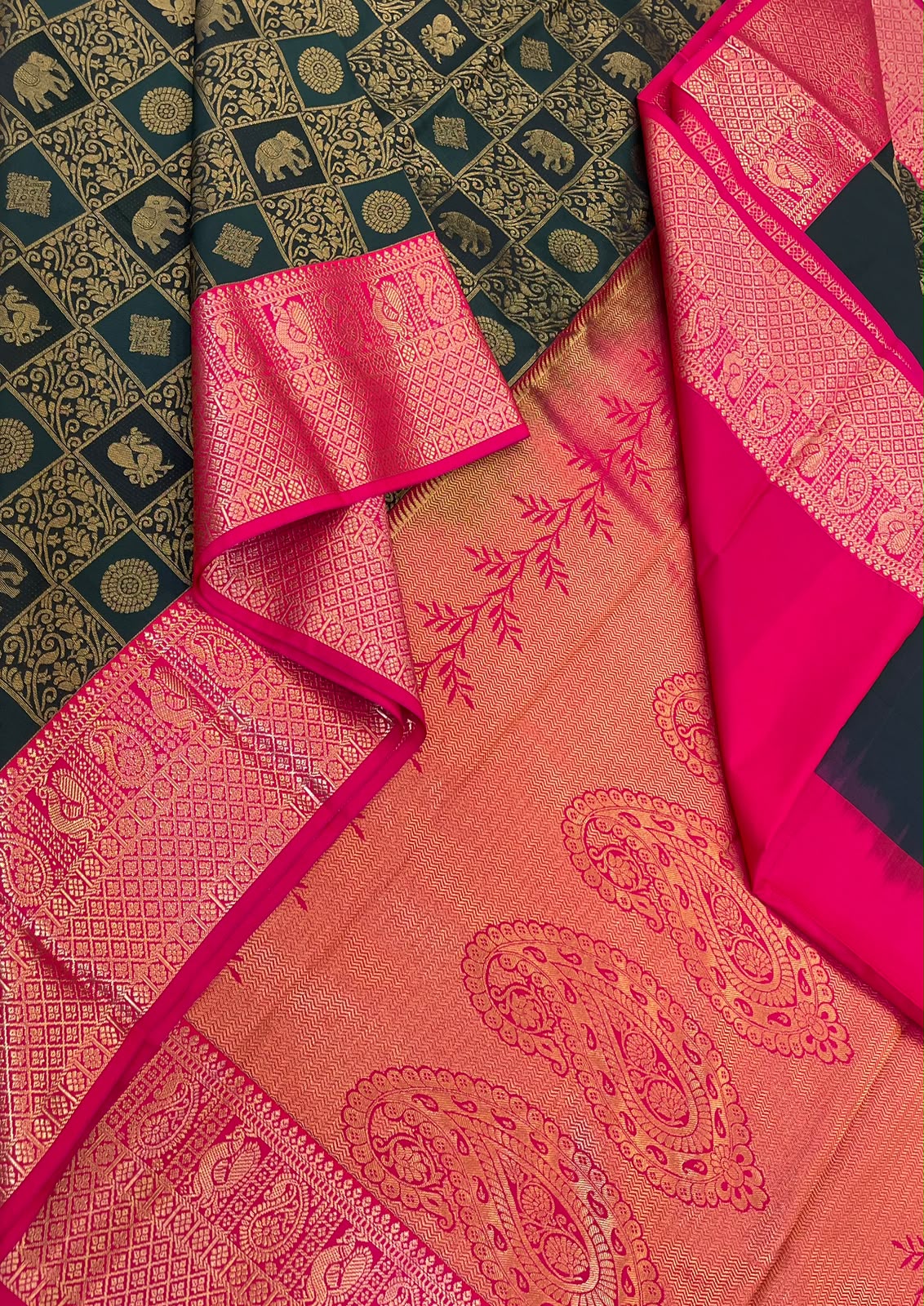 Vegan Silk Sarees Online - bridal edition | bottle green x pink | rich motif x mayil border